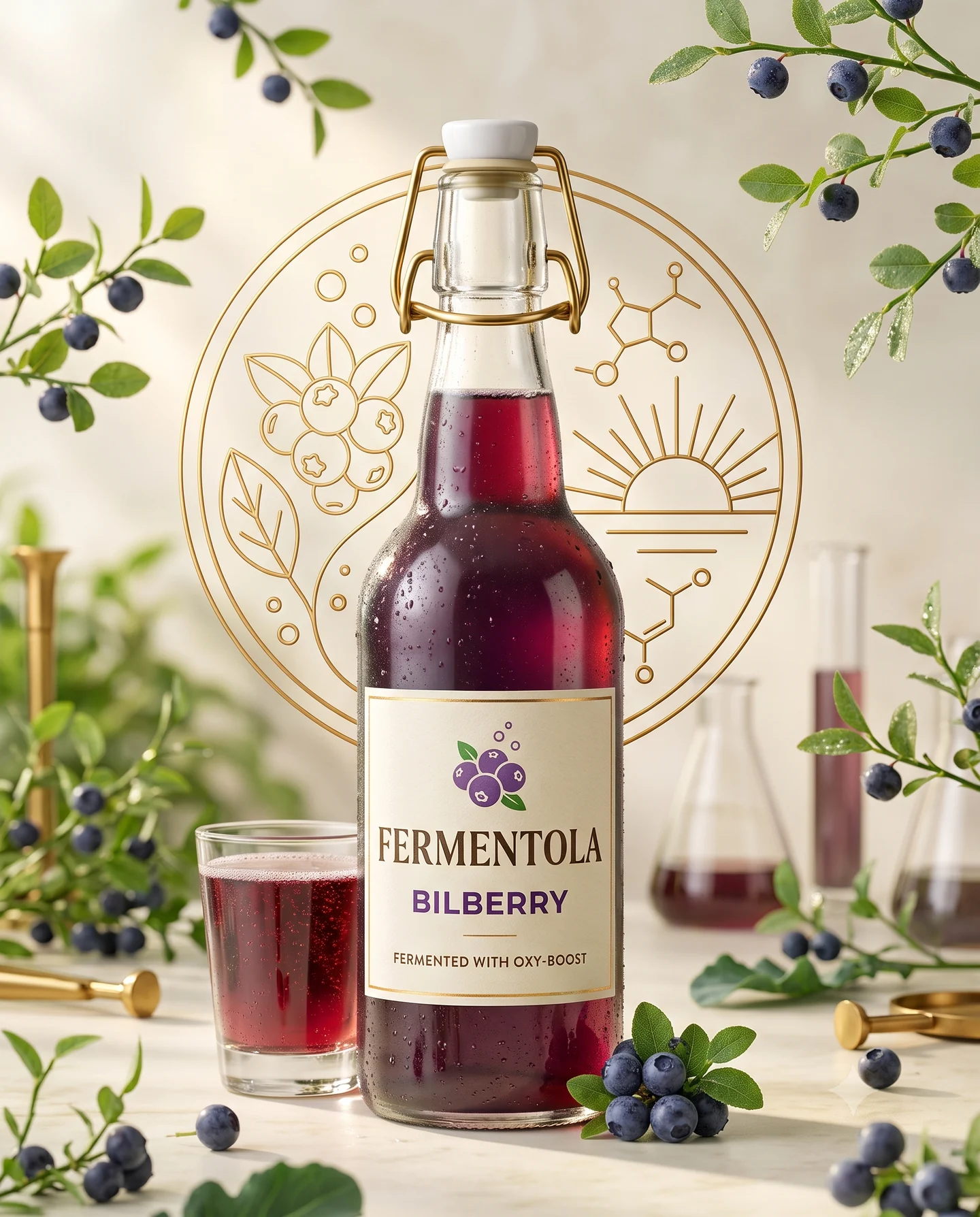 Bilberry Fermentola, fialový fermentovaný nápoj v lahvi