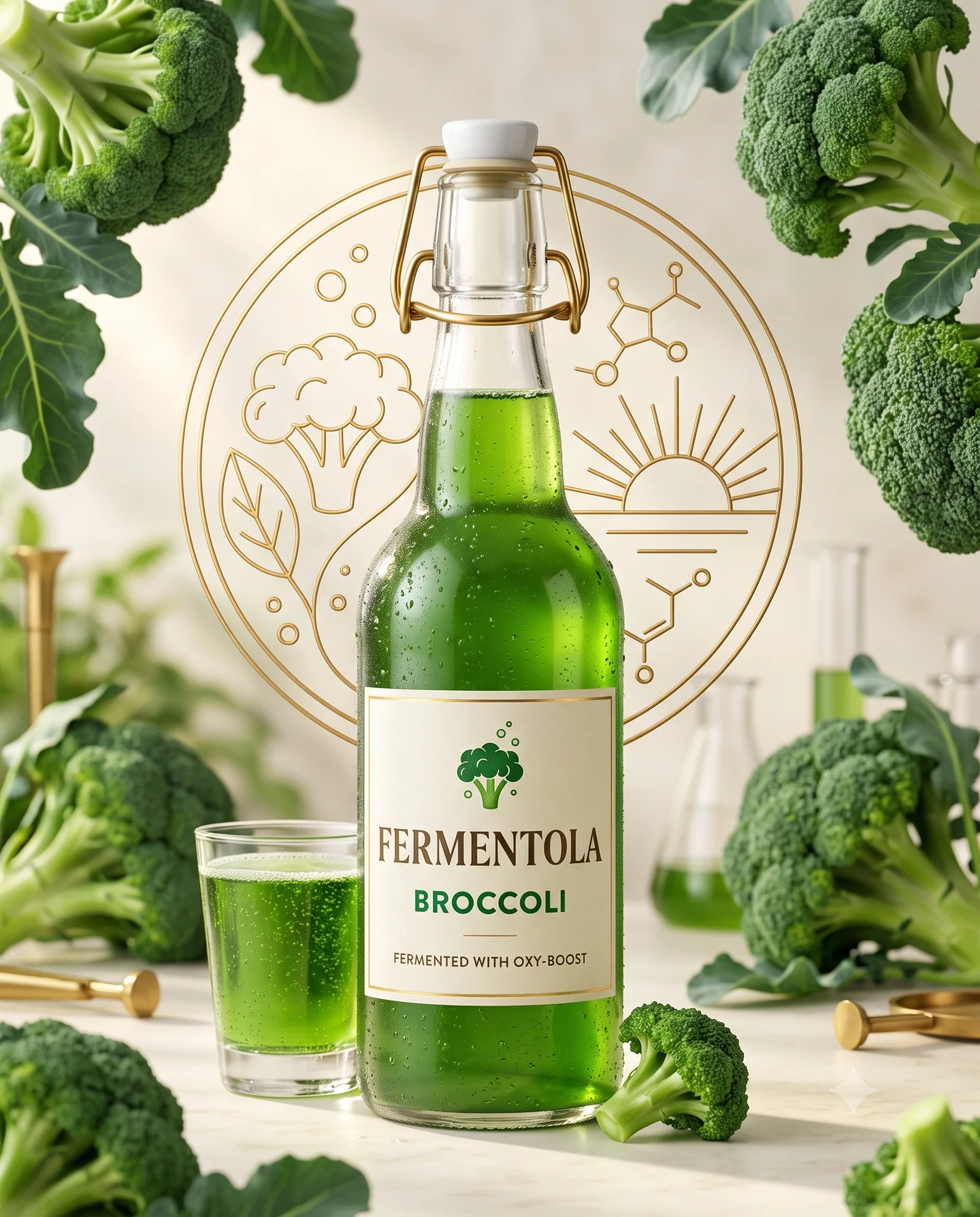 Broccoli Fermentola, zelený fermentovaný nápoj v lahvi
